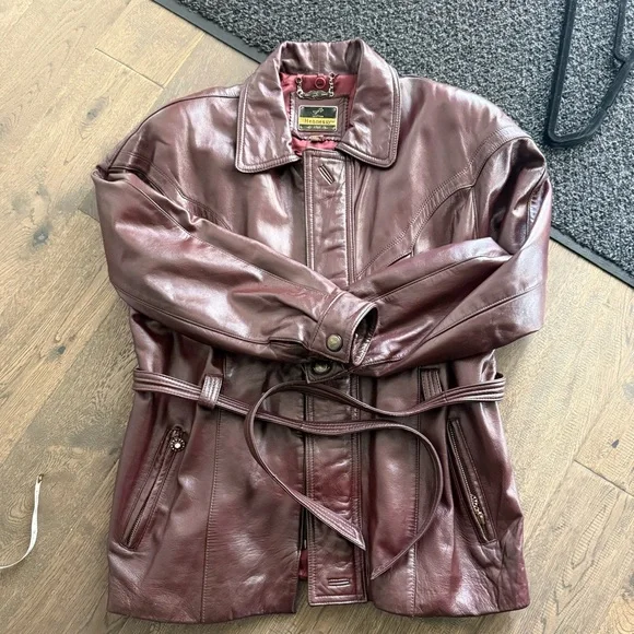 Hennessy 1765 Vintage Burgundy Leather Jacket with Belt - Picture 2 of 15